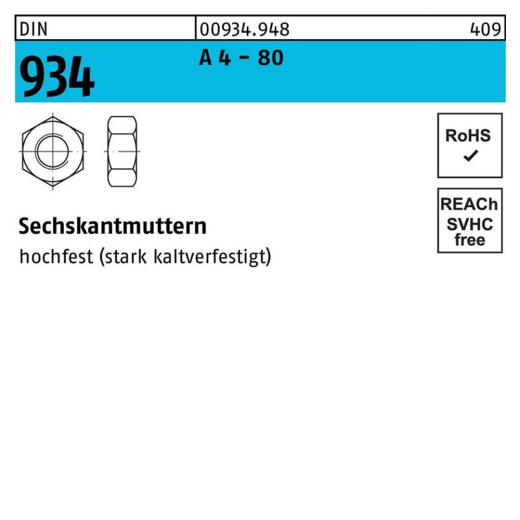 DIN 934, Sechskantmuttern, Edelstahl A 4 - 80, M 5 - 1000 Stück