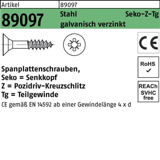 Spanplattenschrauben CE 3 x 35/21, PZ1, Senkkopf, Stahl, galvanisch verzinkt - 1000 Stück