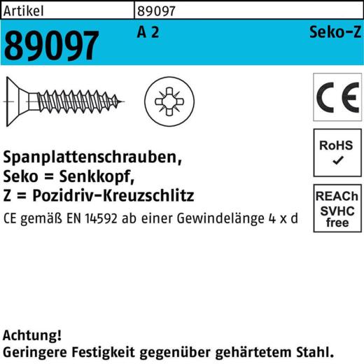 Spanplattenschrauben CE 3,5 x 16, PZ2, Senkkopf, Edelstahl A2 - 200 Stück