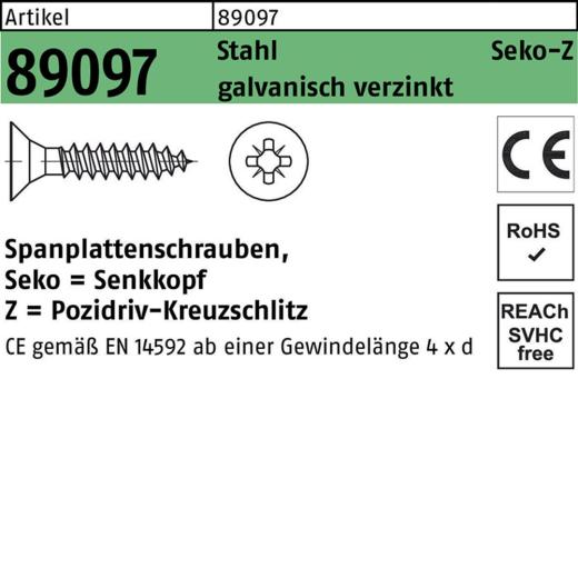 Spanplattenschrauben CE 3 x 12, PZ1, Senkkopf, Stahl, galvanisch verzinkt - 1000 Stück