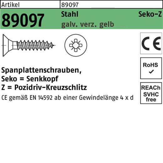 Spanplattenschrauben CE 3 x 16, PZ1, Senkkopf, Stahl, galvanisch verzinkt gelb - 1000 Stück