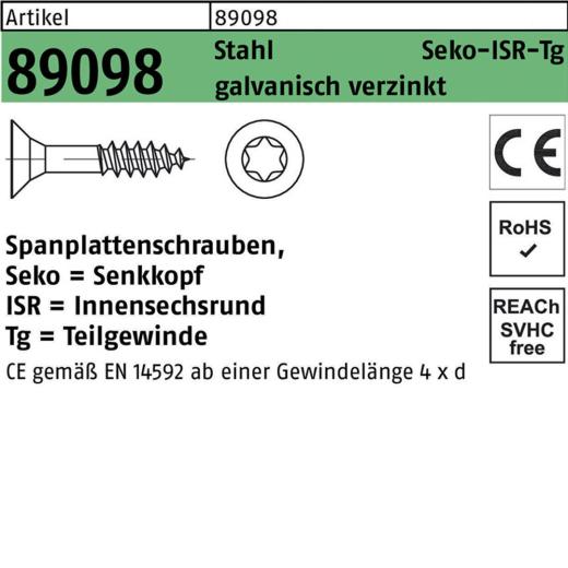 Spanplattenschrauben CE 3 x 35/21, T10, Senkkopf, Stahl galvanisch verzinkt - 1000 Stück