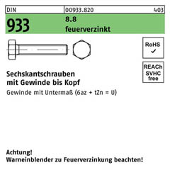 Sechskantschrauben DIN 933 (ISO 4017) | Stahl 8.8 feuerverzinkt - M 12 x 55 | - 100 Stück