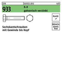 Sechskantschrauben DIN 933 (ISO 4017) | Stahl 8.8 galvanisch verzinkt - M 5 x 45 | - 200 Stück