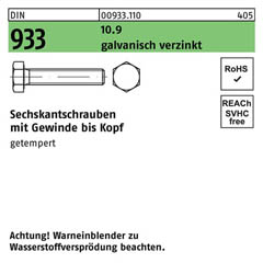 Sechskantschrauben DIN 933 (ISO 4017) | Stahl 10.9 galvanisch verzinkt - M 10 x 45 | - 100 Stück