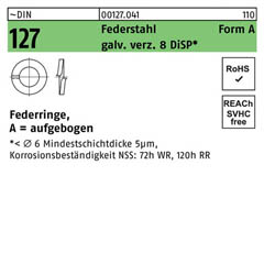 ~DIN 127 Federstahl Form A galv. verz. 8 DiSP Federringe, aufgebogen | A 3 | 1000 Stück